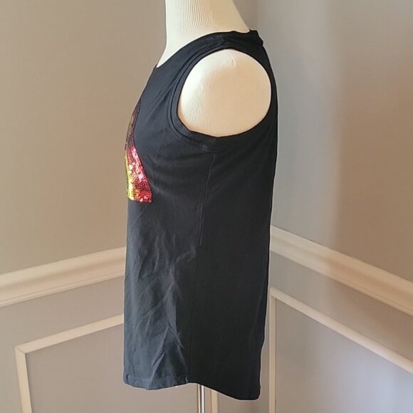 DISNEY Mickey Ears Rainbow Sequin Pride Sparkle Glam Crew Neck Black Tank Top S - Picture 2 of 10